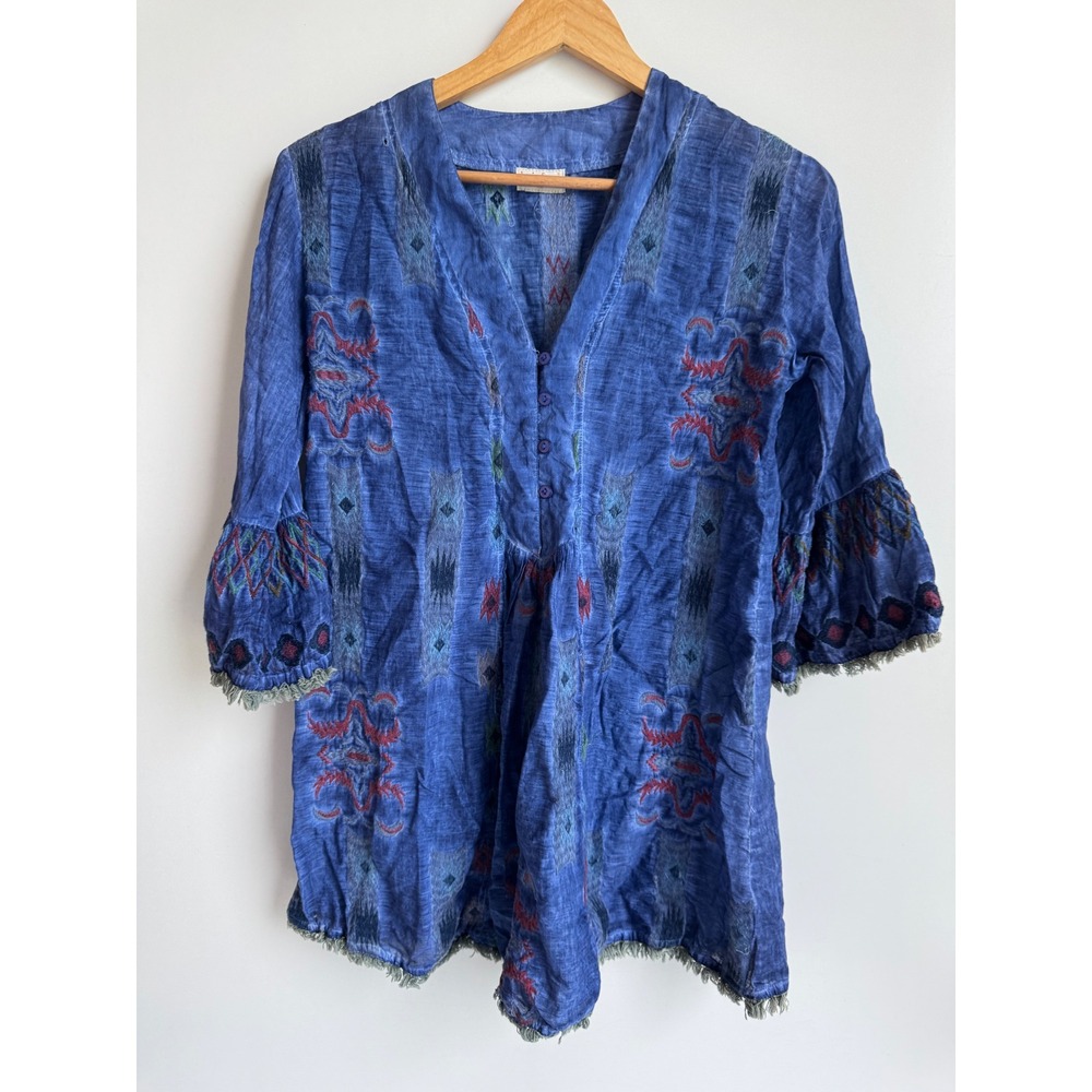 LulaSoul Blue Cotton Embroidered Whimsy Bell Sleeve Fringe Top XS festival boho